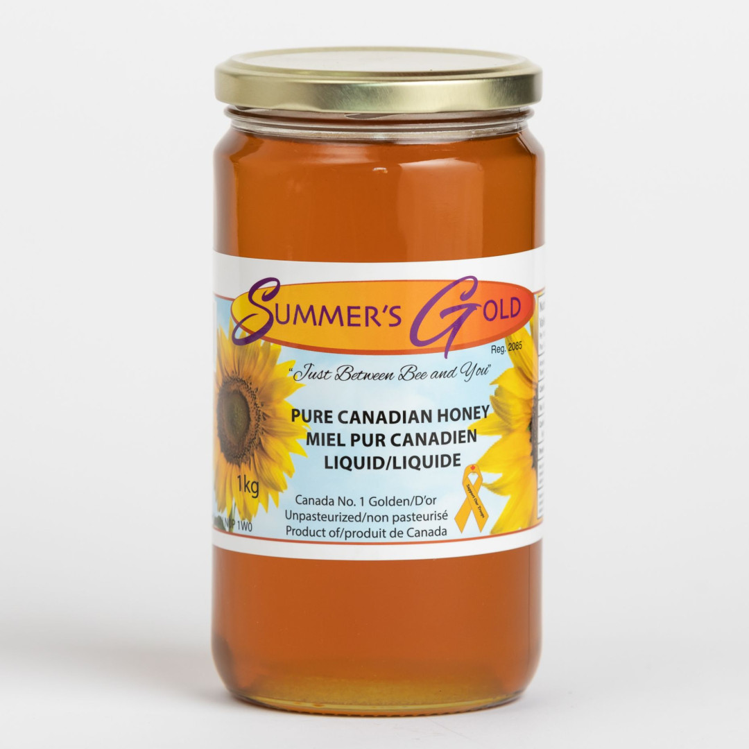 1 kg Liquid Unpasteurized Honey Canada No. 1 Golden Jar